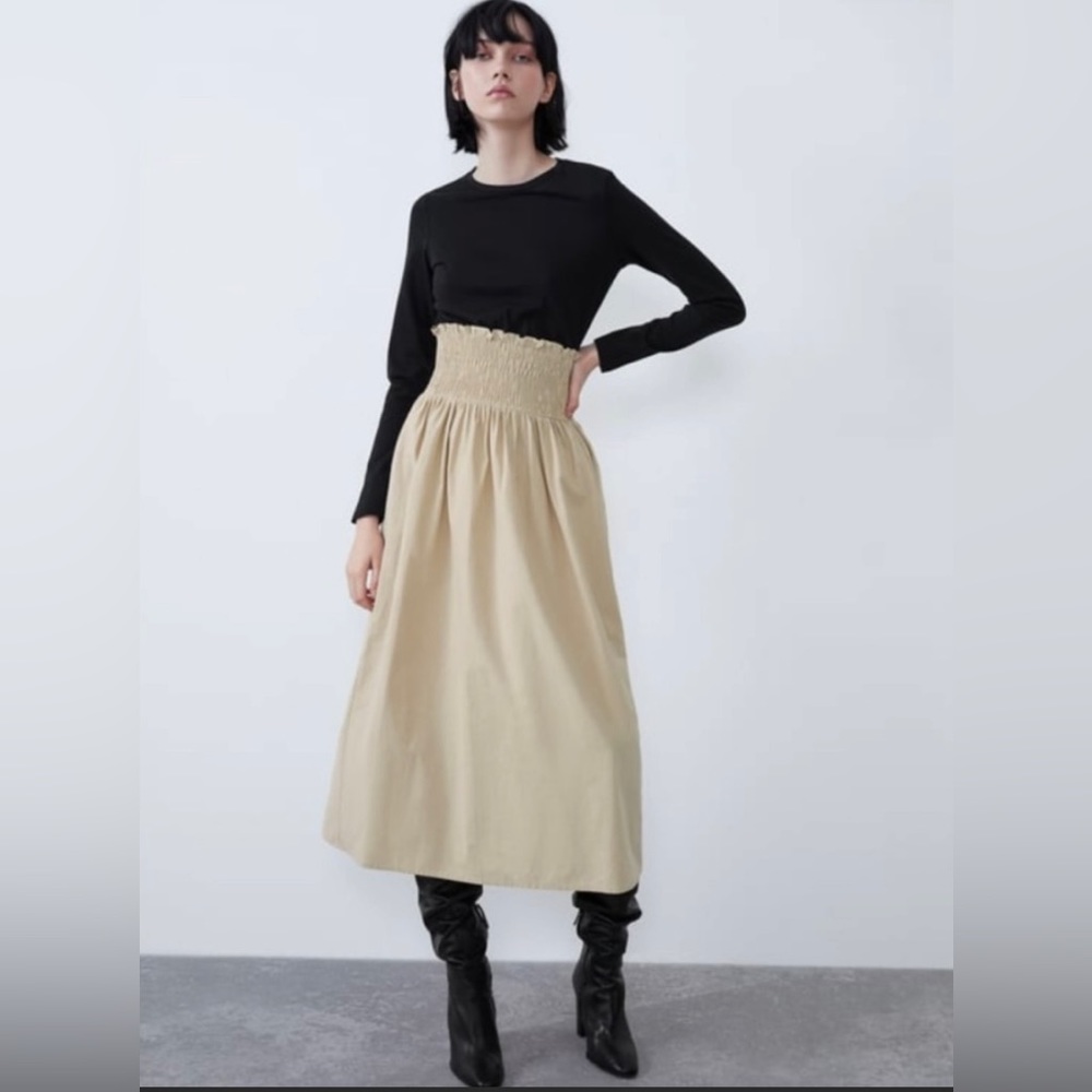 ZARA Black and Beige Long Sleeve Midi Dress